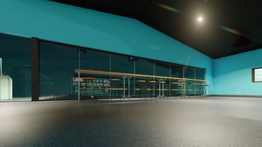 The elegant glass windows on the observation deck.