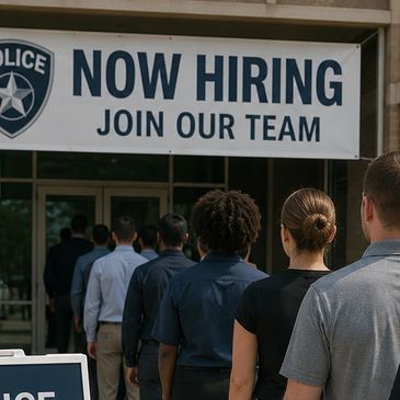 People lined up under a police hiring sign.