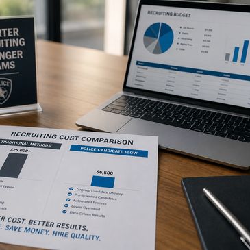 Recruiting cost comparison document next to laptop showing recruiting budget.