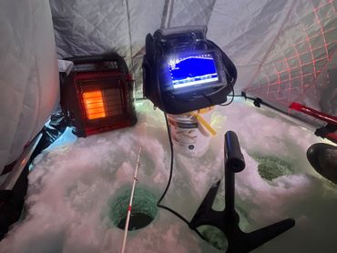 ice fishing with a Buddy heater and Garmin livescope