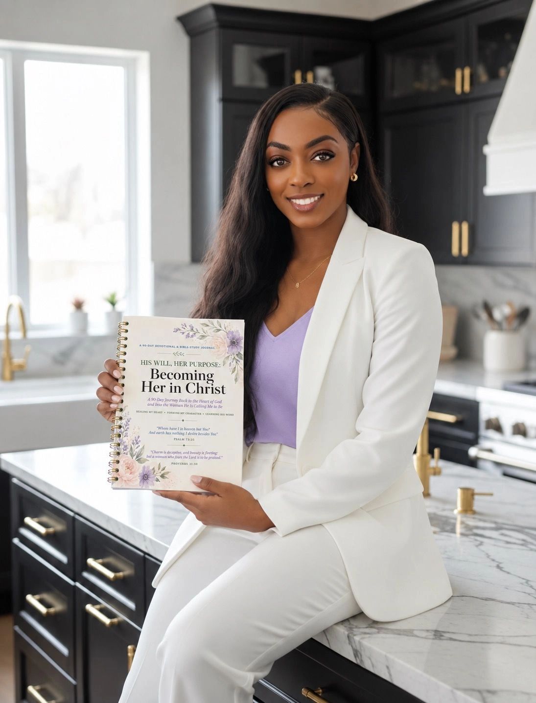 Woman in white suit holding a devotional journal.
