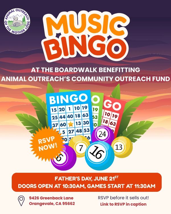 Music Bingo event benefiting Animal Outreach on June 21st at Orangevale.