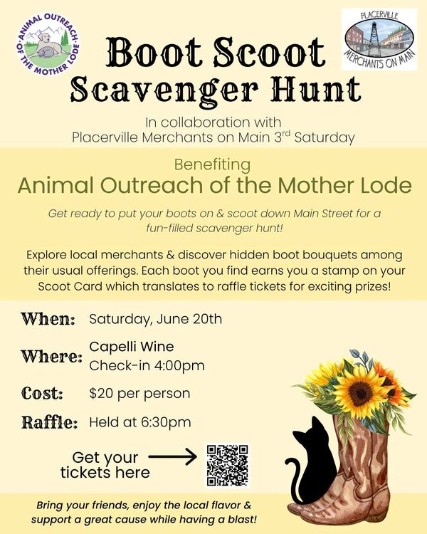 Boot Scoot Scavenger Hunt benefits Animal Outreach with fun local boot bouquet hunt and raffle.