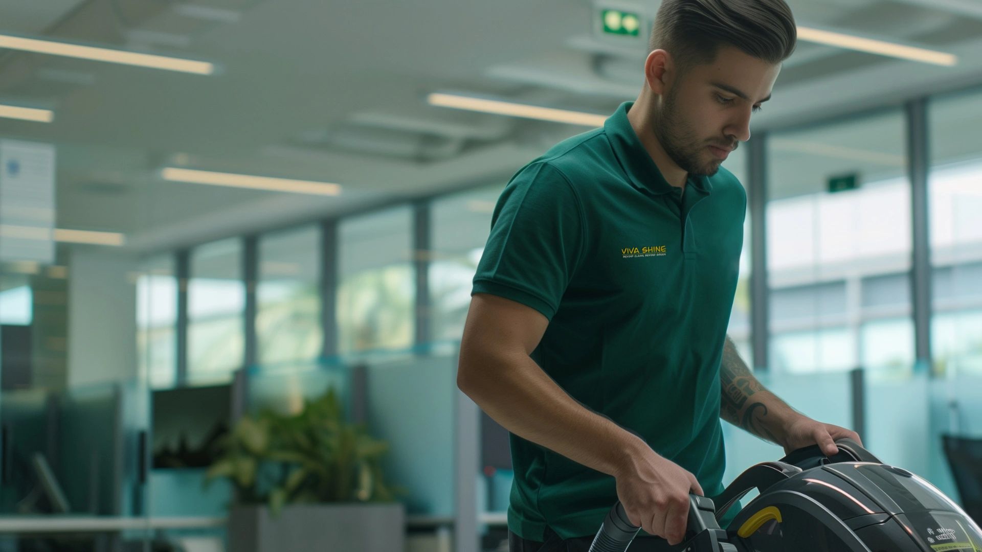 A man in a green uniform with the Viva Shine logo uses a vacuum cleaner in a clean office space.