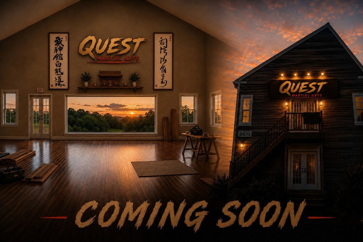 Martial arts studio "Quest" opening soon with sunset view.