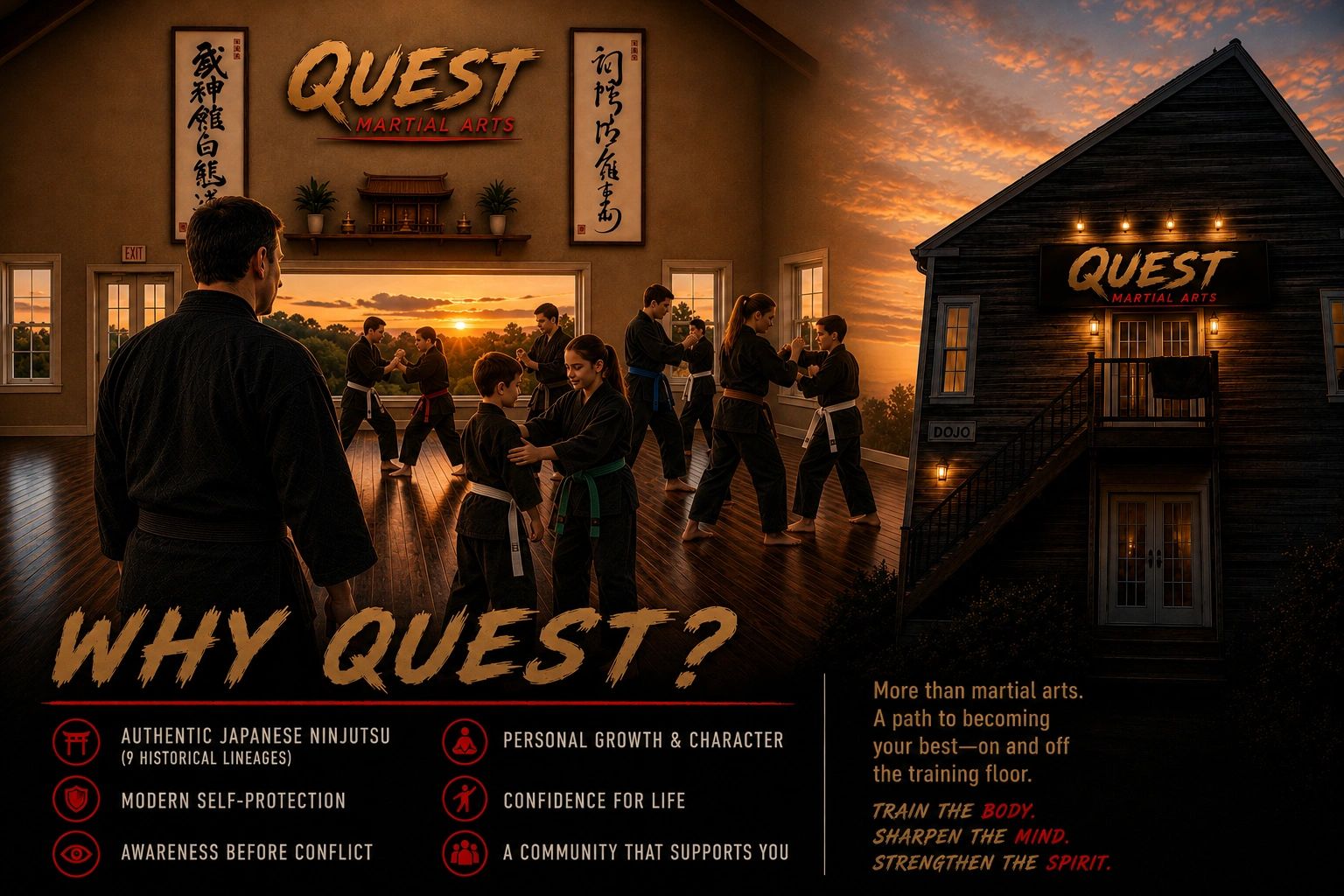 Martial arts training at Quest Dojo during sunset.