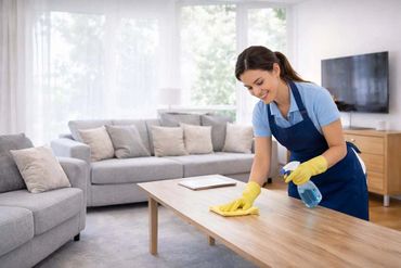 A woman in an apron cleaning a wooden table with a spray bottle in a bright living room.