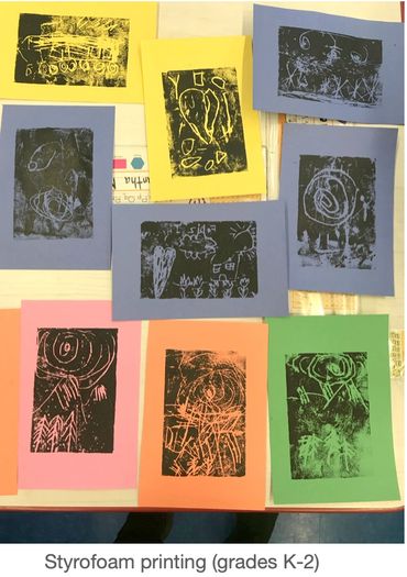 Children's styrofoam prints on colored paper.