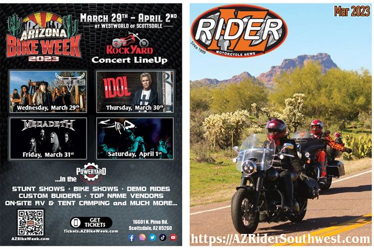 Cover photo AZ Rider Motorcycle News March 2023 edition. Two bikers riding in the desert.