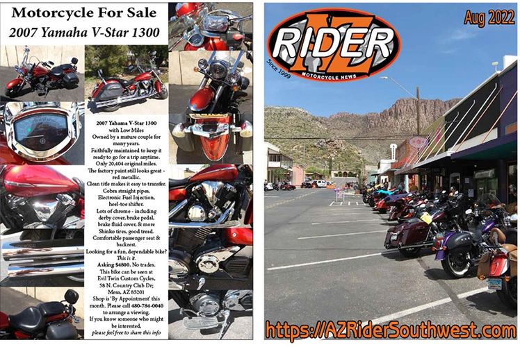 AZ Rider Motorcycle News August cover, motorcycles parked, AZ Rider logo, motorcycle for sale