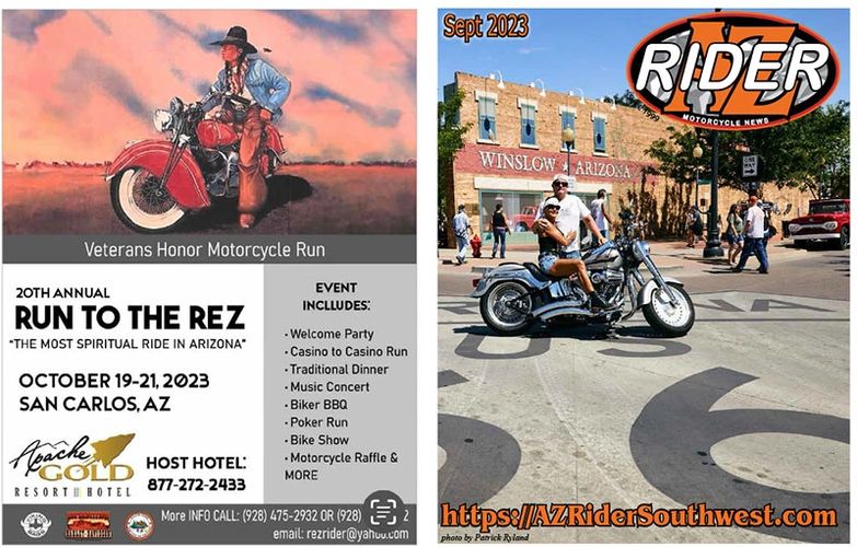 September 2023 cover AZ Rider Motorcycle News. Riders in Winslow AZ.