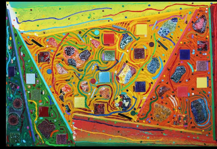 Quanta:"Sacred Geometry Cross Cultural Resonance" A, MM, Canvas ,Ceramic shaped paintings
6' x 8'