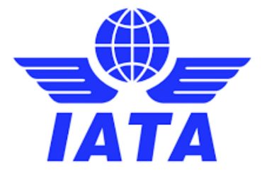 Blue IATA logo with wings and a globe.