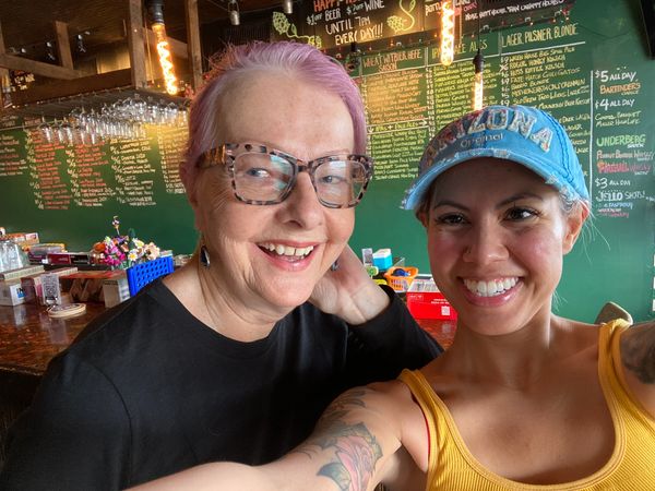 One of our lovely regulars (Jeannette) and bartender Kimi