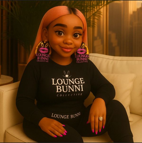Woman with pink hair and Lounge Bunni outfit sitting on a beige couch.