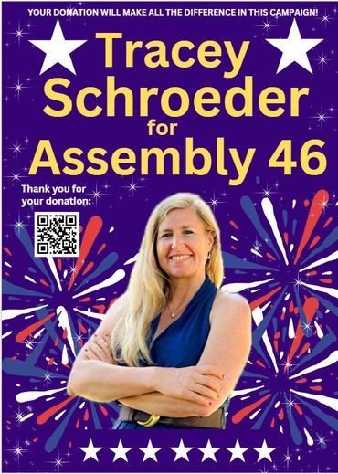 Campaign poster for Tracey Schroeder for Assembly 46 with donation QR code.