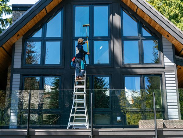High-reach residential window cleaning on ladder in Whistler.