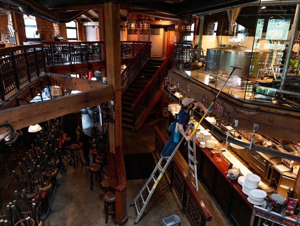 Interior commercial window cleaning at Whistler Brewhouse using ladder access.