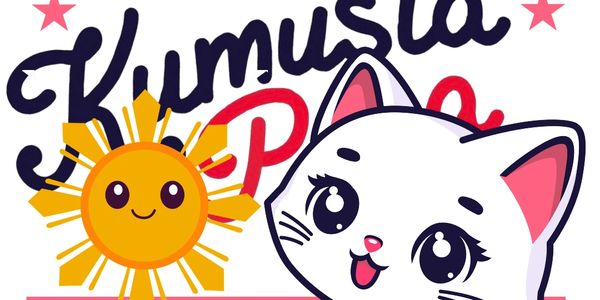 Cute illustration with 'Kumusta' text, smiling sun, and cartoon cat head.
