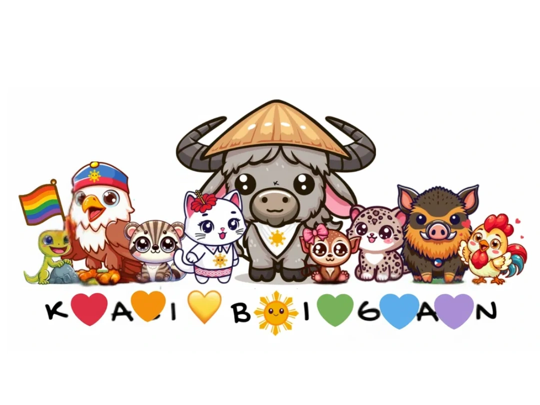 Cute cartoon animals representing Filipino culture with colorful hearts and symbols.