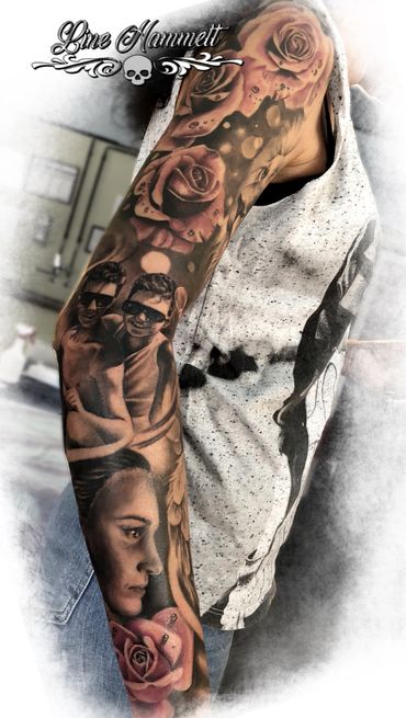 Sleeve family portrait rose flower Line Hammett tattoo artist Oslo norway