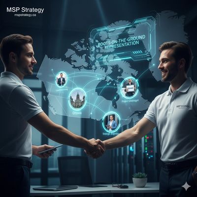 Two technicians shaking hands with a map of Canada in the background