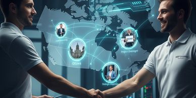 Two technicians shaking hands with a map of Canada in the background