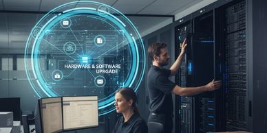 Two people working in an IT Server Room with a graphic showing Hardware & Software Upgrades