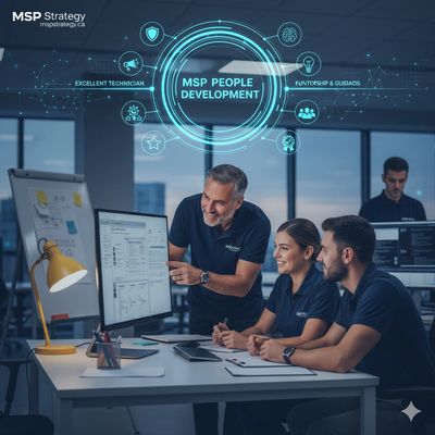 An older man pointing at a screen in front of two younger people with a graphic showing MSP People D