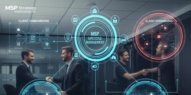 Groups of people handshaking and a graphic indicating Client Onboarding and Client Offboarding