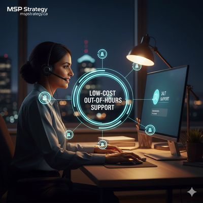 A technician working at night with a graphic in front showing Low Cost Out of Hours Support