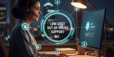 A technician working at night with a graphic in front showing Low Cost Out of Hours Support