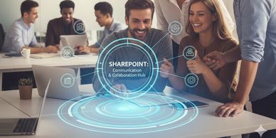 A group of people smiling looking at a graphic emphasizing essential communication and collaboration