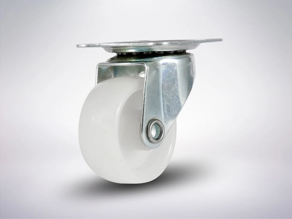 Rodachina tenedor de acero, rueda polipropileno blanca, giratoria sin freno sujeción A (plataforma)