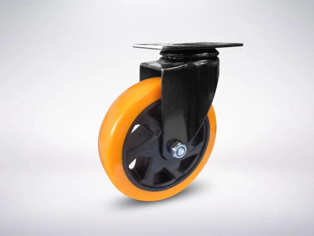 Rodachina tenedor lámina de acero, recubrimiento, rueda polivinil naranja, sin freno, sujeción A