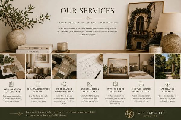 Interior design services overview by Soft Serenity Interiors.