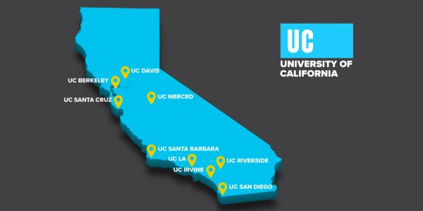 Map of California showing locations of University of California campuses.
