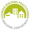 Logo of a licensed building practitioner with buildings and text.