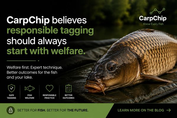 Carp tagged with a pit tag banner stating welfare comes first