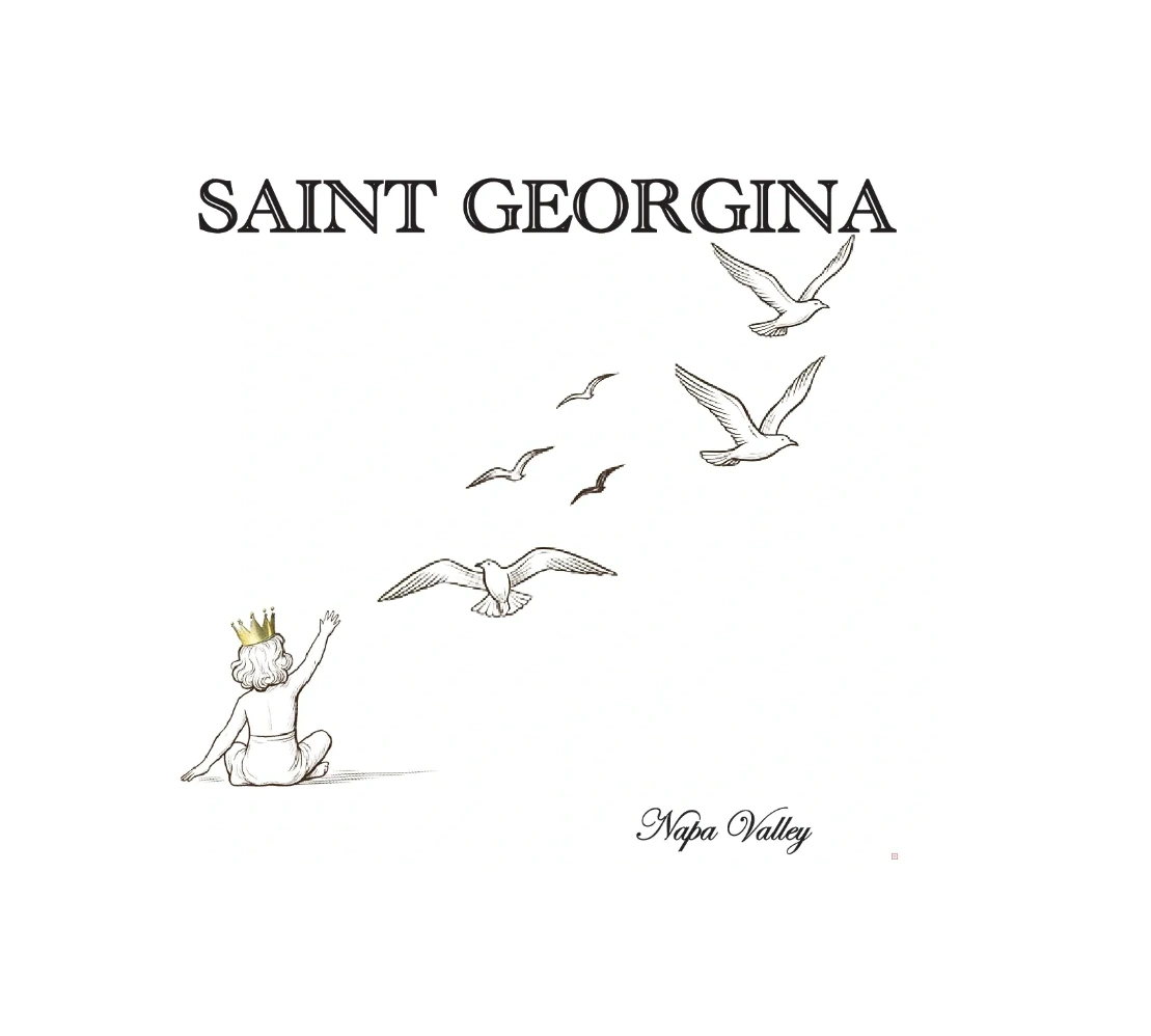 Simple label with a child wearing a crown and flying birds, titled Saint Georgina.
