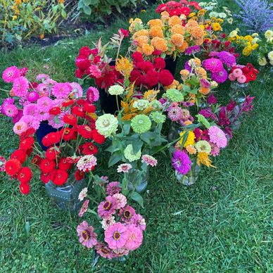 Lots of buckets of colorful cut flowers ready to be used for a bouquet bar.