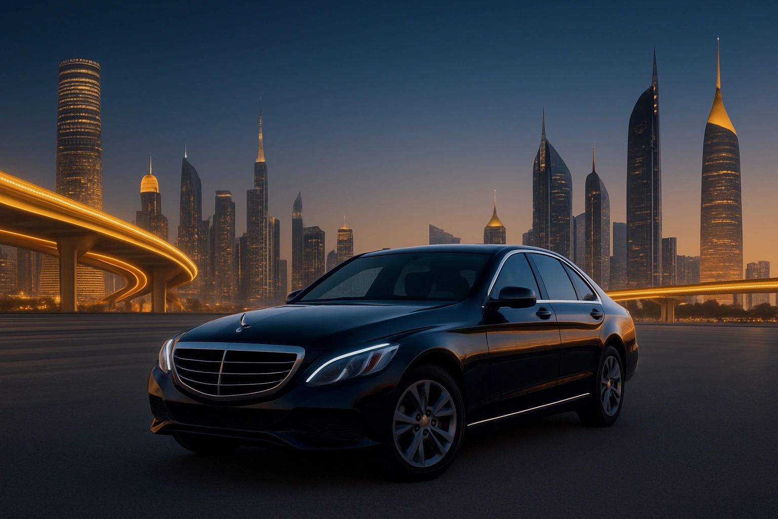 Sleek black Mercedes-Benz parked with a futuristic city skyline at dusk.