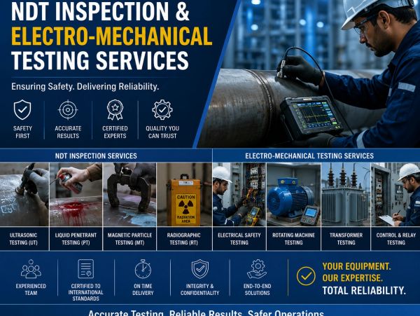 Overview of NDT inspection and electro-mechanical testing services with safety and reliability focus.
