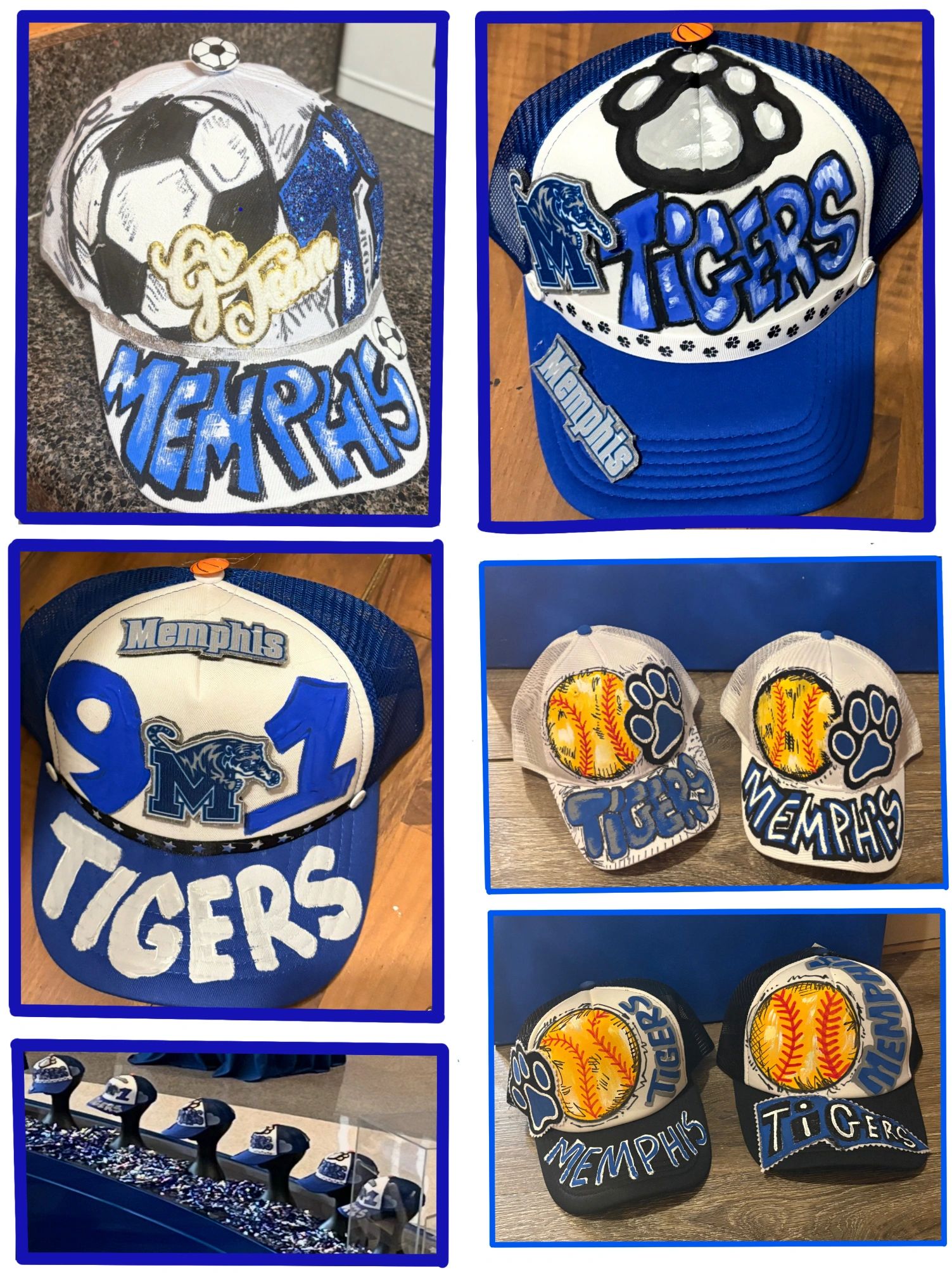 Custom Memphis Tigers sports caps with bold designs and logos.