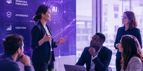 Woman presenting AI concepts to colleagues in a meeting.