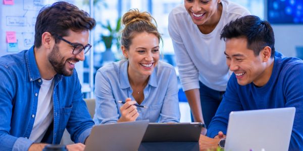 Group of young professionals collaborating happily over laptops and a tablet.