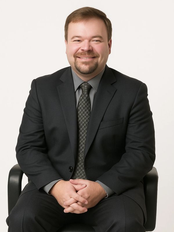 Smiling man in a dark suit sitting on a chair against a plain background.