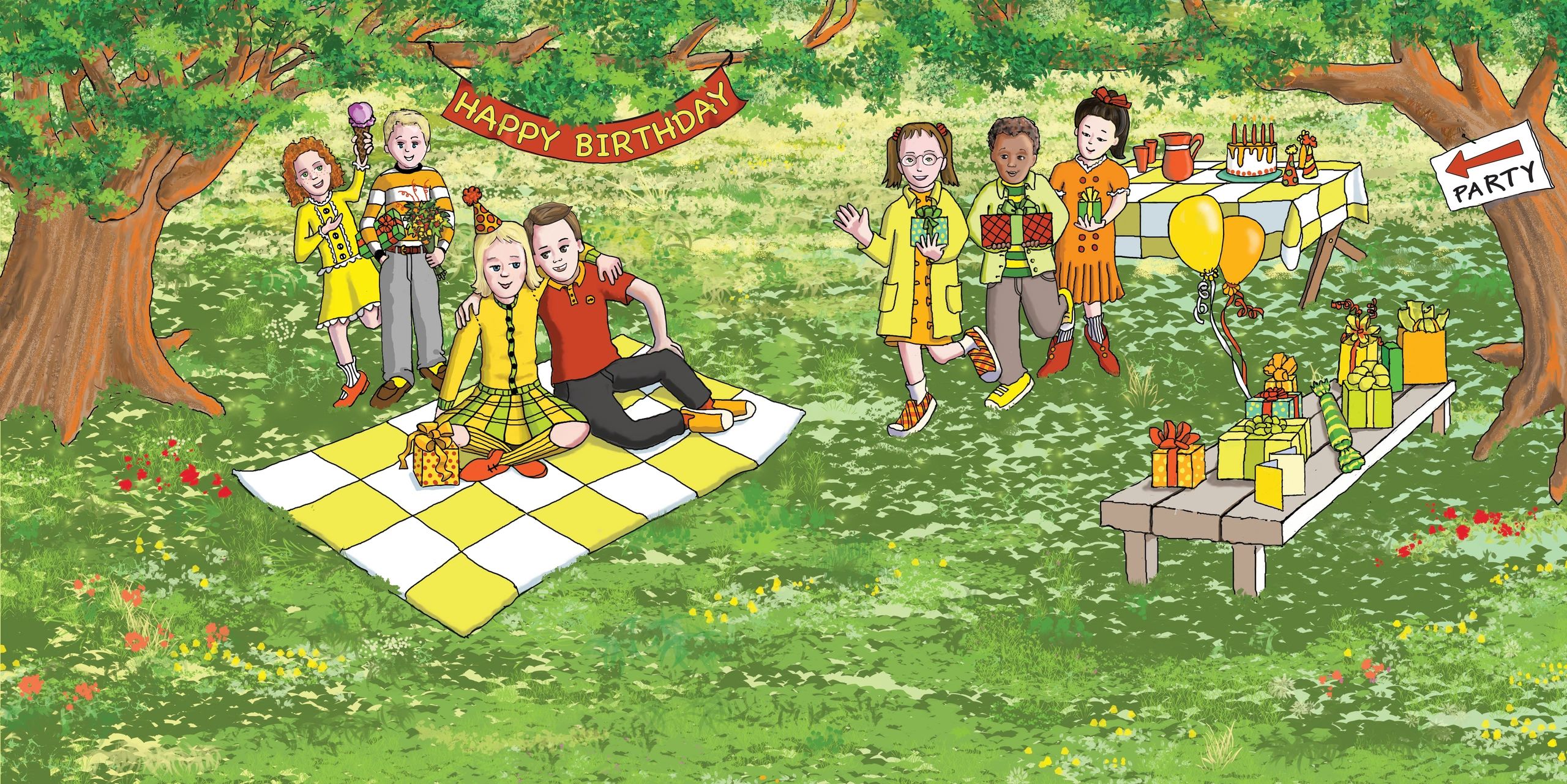 Title: Birthday Party. © 2025 Illustration for children's picture book by Laura Brazeau.