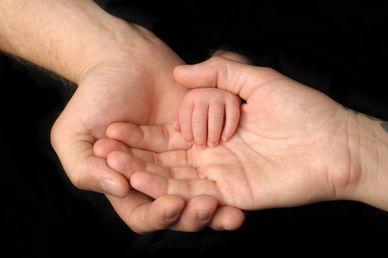 two adult hands holding a baby's hand