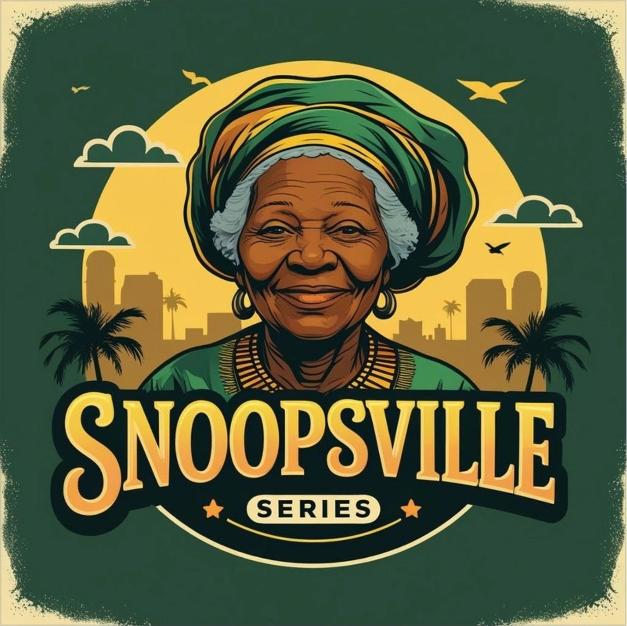 Illustration of a smiling elderly woman with headwrap and the text 'Snoopsville Series'.